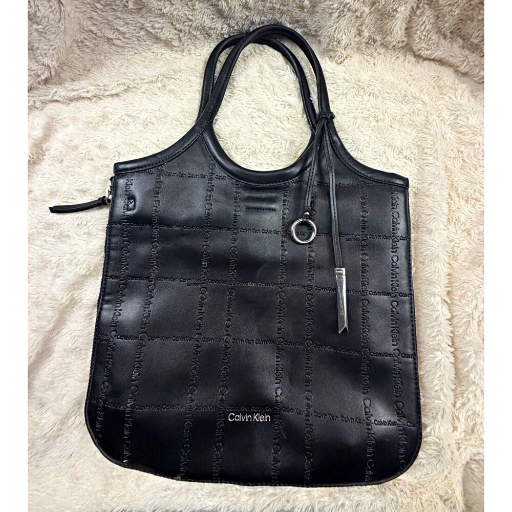 Calvin Klein Black Logo Tote Zip Top Silver Hardware Bag Charm Medium Lined